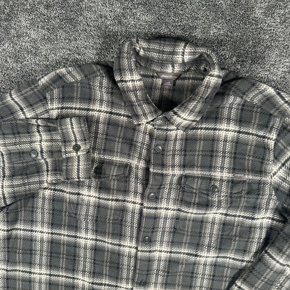 Eddie Bauer Flannel Shirt Jacket Mens XL Gray Plaid Fleece Shacket Warm